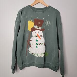 Authentic Pigment Snowman Sweatshirt Green Sz L 100% Cotton Holiday Winter Cozy